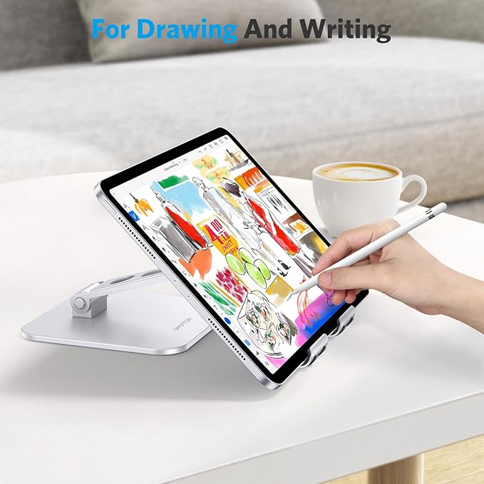 OMOTON Upgraded Adjustable Tablet Stand Holder, Heavy Duty Foldable Portable Monitor Stand, Travel Essentials for iPad Pro/Air/Mini, Surface Pro, Portable Monitor 4.7''-15.6', Silver