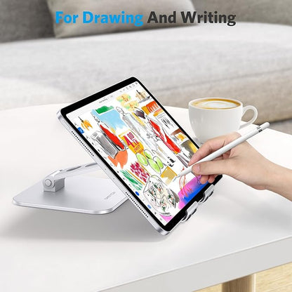 OMOTON Upgraded Adjustable Tablet Stand Holder, Heavy Duty Foldable Portable Monitor Stand, Travel Essentials for iPad Pro/Air/Mini, Surface Pro, Portable Monitor 4.7''-15.6', Silver