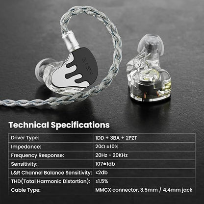 BASN BmasterX in Ear Audio Monitor, Hybrid 6 Drivers IEM Earphones with Crystal Clear Sound, Detachable Cable Plus Carrying Case & Fit Kit for Musician, Stage, Studio (3.5mm/4.4mm Jack, Black/White)