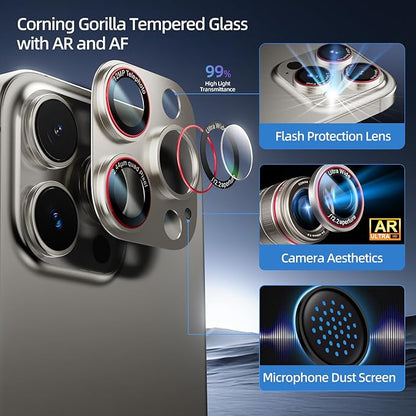 Camera Lens Protector for iPhone 16 Pro Max/iPhone 16 Pro/iPhone 15 Pro Max/iPhone 15 Pro/iPhone 14 Pro Max/14 Pro , [Military Grade Shatterproof][Full Coverage Metal] [Strong Adsorption] 9H Metal Tempered Glass Camera Screen Cover, [Case-Friendly], Na...