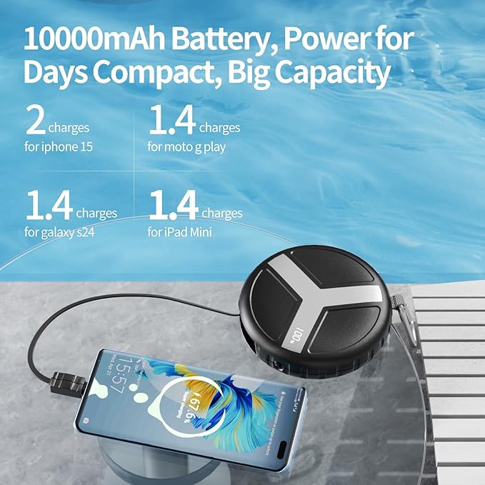 Vivilumens Retractable Power Bank Outdoor Portable 10000mAh Cell Phone Fast Charging Wearable Compact Battery Pack with 25.5 inch Built-in USB C Cable Compatible Iphone Lighting Function for Traveling