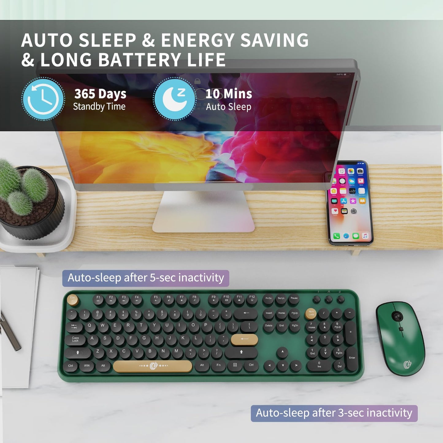 Green Wireless Keyboard and Mouse Combo,Typewriter Keyboard with Round Keys,2.4G Wireless Full Size Colorful Keyboard with Number Pad for Computer Laptop and Desktop
