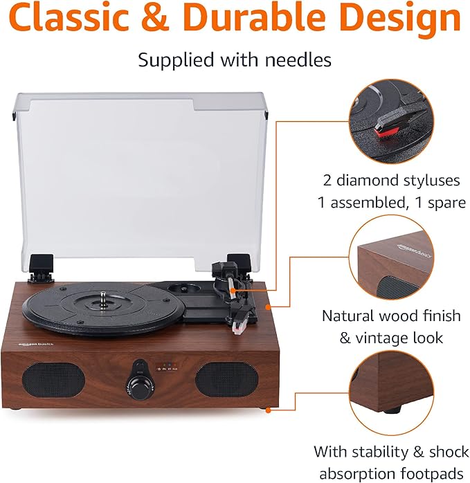 Amazon Basics Desktop Vinyl Record Player Turntable with Bluetooth Playback, Built-in Speakers, 3-Speed, Wireless Playback, Black