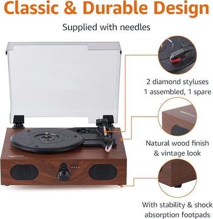 Amazon Basics Desktop Vinyl Record Player Turntable with Bluetooth Playback, Built-in Speakers, 3-Speed, Wireless Playback, Black