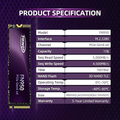 FN950 1TB NVMe SSD M.2 2280 PCIe Gen4x4, Up to 5000MB/s, Internal Solid State Drive, Configure SLC Cache, Storage and Memory Expansion for PS5 Laptop Desktop