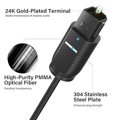 Adoreen Ultra-Thin Slim Digital Optical Audio Cable 8 FT/2 Pack, Fiber Optic Toslink SPDIF Cord Gold-Plated High-Speed Flexible & Durable for TV Soundbar Home Theater Game Console PS4 Xbox +Ties