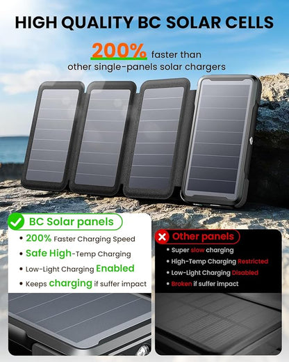 SOARAISE Wireless Solar Power Bank, 25000mAh Solar Charger with Built-in 3 Cables, Dual Outputs, 4 Solar Panels & 3 LED Flashlights, Portable Phone Charger for Outdoor Camping（Black）