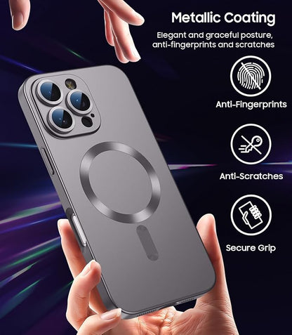 Magnetic for iPhone 16 Pro Max Case [Compatible with MagSafe][Built-in Camera Lens Protector] Slim Soft Silicone Bumper Shockproof Metallic Phone Shell (Titanium Gray)