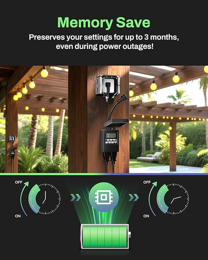 BN-LINK 7 Day Outdoor Heavy Duty Digital Programmable Timer, Outdoor Timer Outlet Waterproof, 2 Grounded Electrical Outlets for Christmas Lights, 15A 1/2HP,ETL Listed