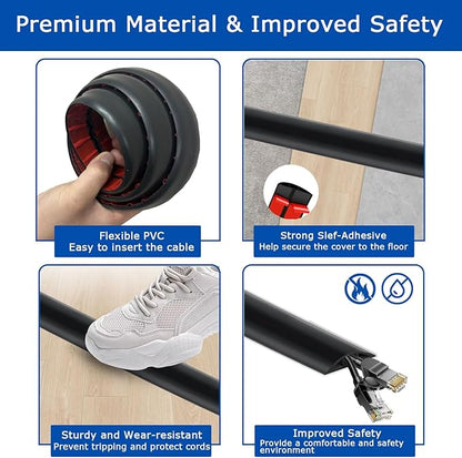 6ft Floor Cord Cover,Cord Hider Floor Black,Extension Cable Cover Power Cord Protector Floor,Floor Cable Management Prevent Cable Trips,Cord Protector Cord Cavity:0.47" (W) x 0.24" (H)