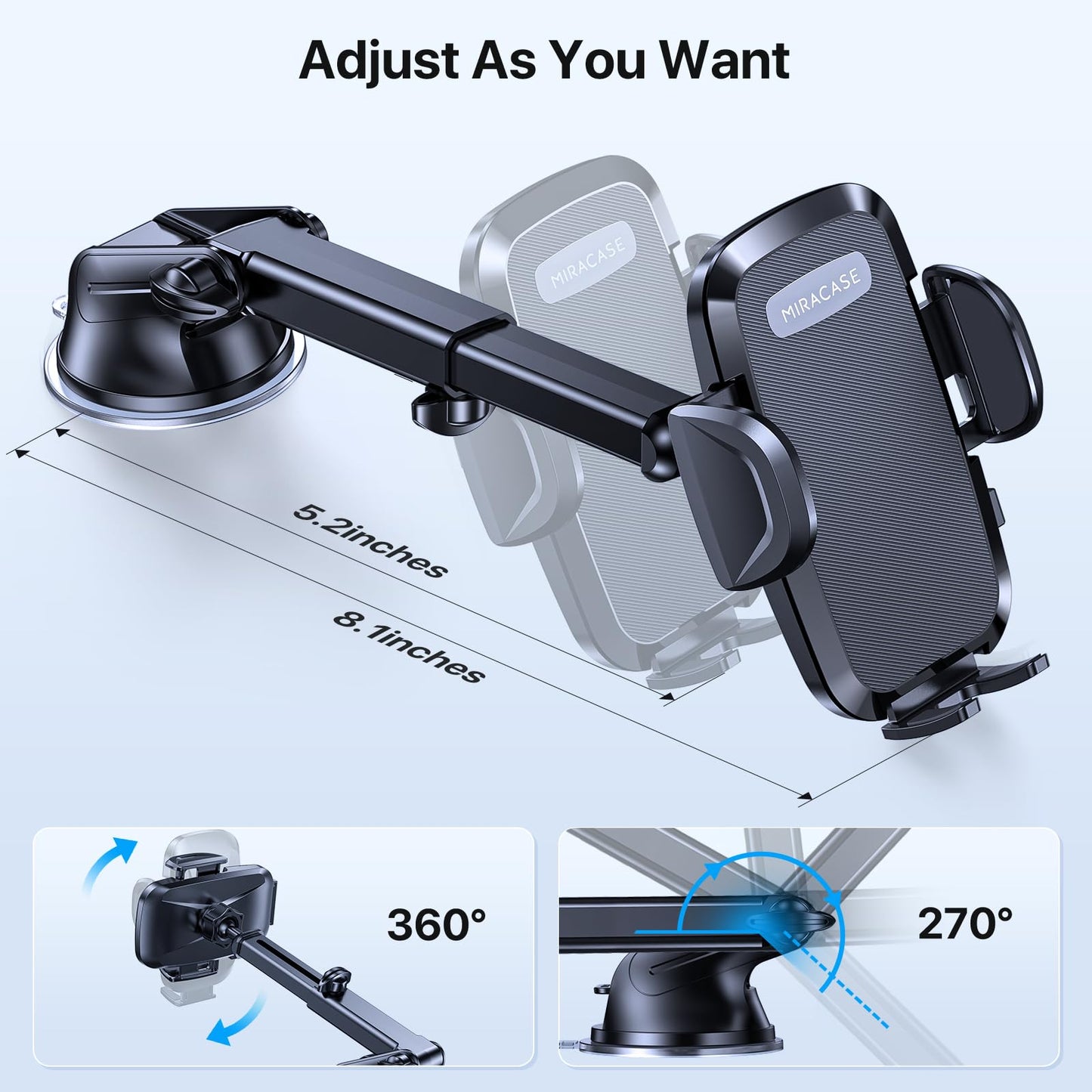 Miracase Phone Holders for Your Car, [Thick Case & Heavy Phone Friendly] Universal Cell Phone Car Mount, 3-in-1 Phone Mount for Car Dashboard Windshield Air Vent Fit for All Smartphones