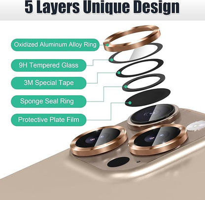 AGVEE 3+3 6 Pack for iPhone 16 Pro 6.3" / 16 Pro Max 6.9" Camera Lens Cover Protector, Bling Glitter & CD-Textured Metal Ring 9H Tempered HD Glass Camera Cover Protector Film, Glitter-Desert