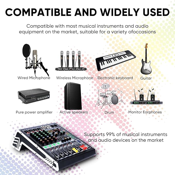 W IN-MIX 4 Channel Professional Audio Mixer with MP3 Player and Bluetooth U disk 48V Phantom Power Source USB recording for Studio Recording, Live Performances