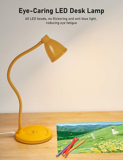 BOHON LED Desk Lamp with USB C+A Charging Ports Wireless Charger, 5 Colors Stepless Dimming Touch Reading Light, Flexible Gooseneck Lamp for Home Office Bedside Table College Dorm Room, Bright Yellow