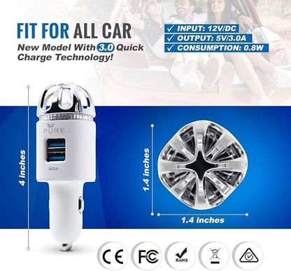Car Air Purifier 3in1 Premium Stainless Steel HEPA Filter Ionizer w/Dual USB Quick Charge 3.0 USB-Eliminate Allergens Odor Smell, Smoke, Pets, Pollen Mold Bacteria w/Anti-Microbial Deodorizer (White)