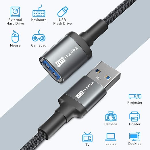ITD ITANDA 6FT USB Extension Cable USB 3.0 Extension Cord Type A Male to Female 5Gbps Data Transfer for Keyboard, Mouse, PlayStation, Xbox, Flash Drive, Printer, Camera and More, Grey