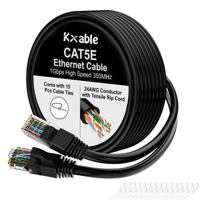 Cat5e Ethernet Cable 50 FT, Long Cat 5e Internet Cable, Yellow Snagless Patch Cord, Flexible, Network, LAN, PoE, Standard RJ45 Connector for PC, Server, Router, Modem, TV, PS5 - with 15 Cable Ties