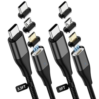 YKZ 3 in 1 Magnetic USB C to C Cable, Magnet Charging Cable, [3.3FT+6.0FT] PD 60W Fast Charger Nylon Braided Cord Compatible with Type C and Android Devices (Black)