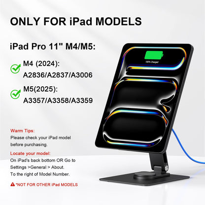 GEWOKLIY Magnetic iPad Pro M4&M5 11-inch Stand with Wireless Charging 18W, 360° Rotating Aluminum Tablet Holder for iPad Pro M4/M5 11-inch, Adjustable Desk Mount Series (M4/M5-11inch)