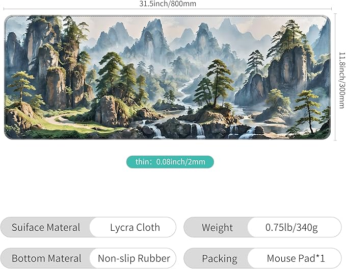 Dynippy Thin Extended Gaming Mouse Pad （31.5 * 11.8 * 0.08 inch） with Stitched Edges Large Mousepad Long XXL Keyboard and Mouse pad Desk Mat for Gaming Office & Home - Landscape Painting