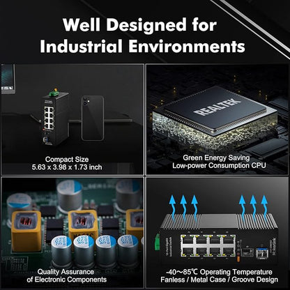 MokerLink 8 Port Gigabit Industrial DIN-Rail Ethernet Switch, 2 SFP Ports with 1 LC 20KM Module(SMF), IP40 Rated Unmanaged Network Switch (-40 to 185°F), with UL Power Supply
