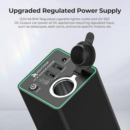 RoyPow 30W PD Portable Charger with 12V 10A Constant Voltage Cigarette Lighter Socket, 86.58Wh USB C Laptop Power Bank, 18W QC & 12V DC Battery Pack, Perfect for Dash Cam Astrophotography or Camping