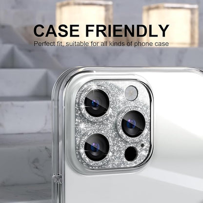 Choiche Compatible for iPhone 16 Pro/iPhone 16 Pro Max Camera Lens Protector, Bling Camera Cover with 9H Tempered Glass Lens Screen Protector Metal Ring Decoration Accessories (Glitter-Silver)