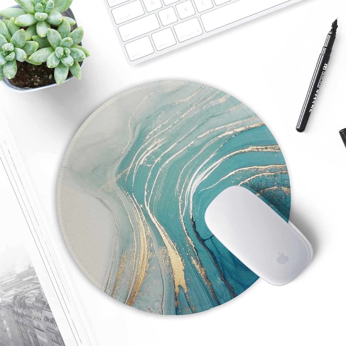 ITNRSIIET Round Mouse Pad with Stitched Edge Premium-Textured Waterproof Non-Slip Rubber Base Desktop Protection Mat Diameter 8.7 inches, Annual Ring Marbling