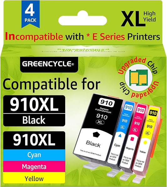910XL Ink Cartridges, Compatible for HP 910XL Black & Color 4 Combo Pack