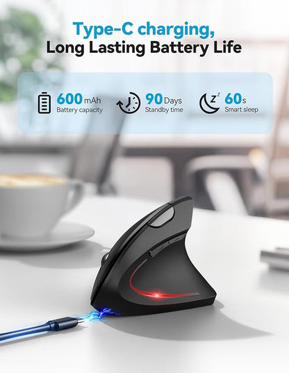TECKNET Ergonomic Mouse, Rechargeable 2.4G+Bluetooth Vertical Mice 6 DPI Adjustable, Wireless Optical Carpal Tunnel Mouse for Right Hand, Silent 6 Buttons for Laptop, PC, MacBook, iPad - Black