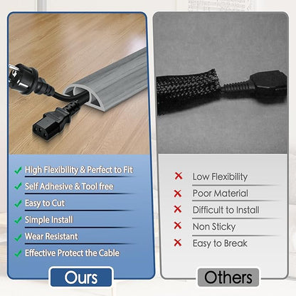 Floor Cord Cover for Wires on Floor Self Adhesive Cord Hider Floor Cable Management Wire Covers for Cords Protector Prevent Cable Trips Cord Cavity W 0.51" x H 0.31", Gray Wood, 10Ft