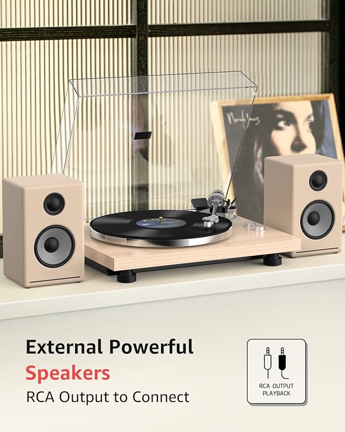 Turntable Record Player Wireless Output Carbon Fiber Tonearm Vinyl Player Aluminium Platter Belt-Drive LP Turn Tables 33 1/3&45 RPM Audio Phono RCA Line Out AT-3600L MM Cartridge Pale Walnut White