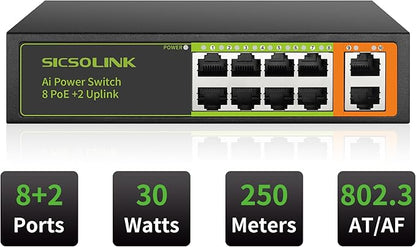 8 Ports PoE+ Ethernet Switch 2 Uplink 802.3af/at 120W Total Power 100Mbps Network Hub 20 Gbps Switch Capacity Unmanaged PoE Switch Suitable for IP Cameras Home & Office.