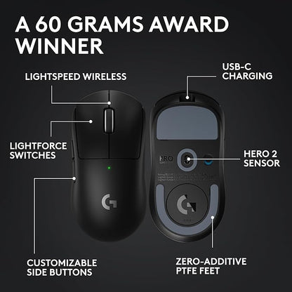 Logitech G PRO X SUPERLIGHT 2 Wireless Gaming Mouse, 60g Pro-Grade with 5 Programmable Buttons, 44k DPI Sensor, 8kHz Report Rate, USB-C Charging for PC/Mac - Black