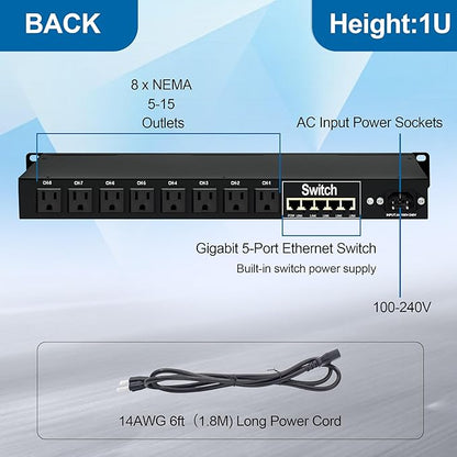 1U PDU Rackmount Power Strip with 8 NEMA 5-15R Outlets & 5-Port Gigabit Ethernet Switch, 15A 100-250V,10KA SPD 3600J Surge Protection, 6ft Cord, ETL Listed, Ideal for Server Racks & Networking