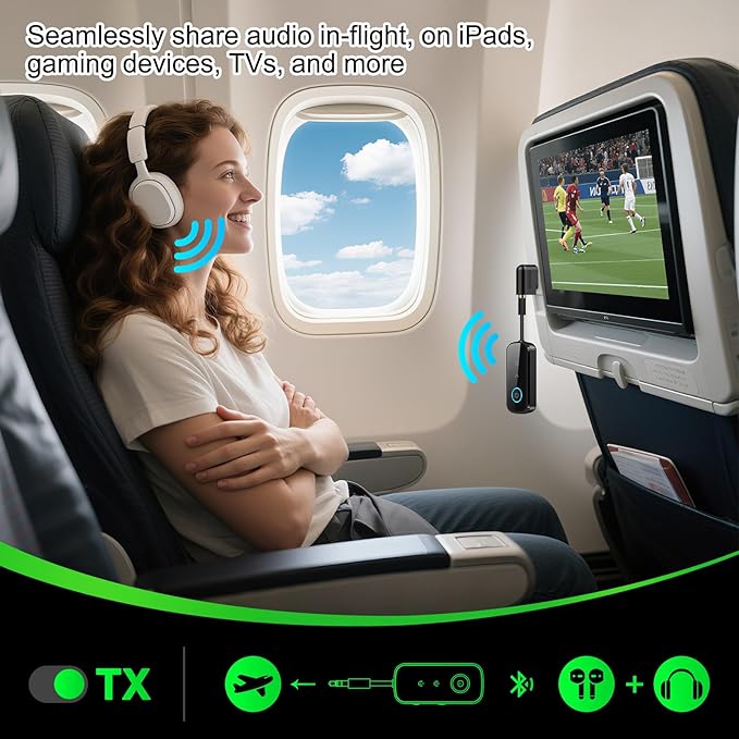 Premium Pro Bluetooth 5.4 Transmitter Receiver,Airplane Audio Adapter,Wireless Transmitter for TV/Travel Flight,Airline,Gym.Supports to 2 AirPods/Headphones,Bluetooth Receiver for Car/Home Stereo