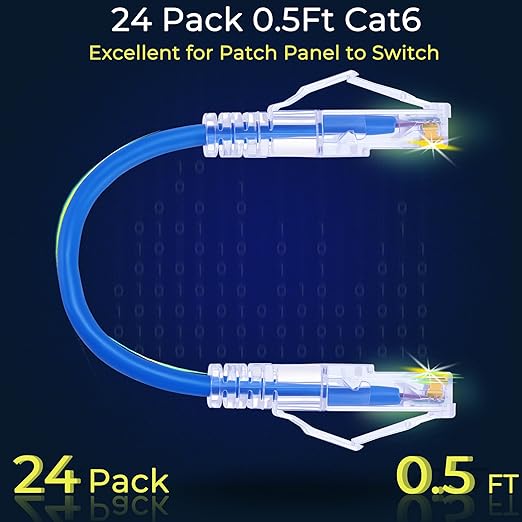Rapink 24 Pack Cat6a Ethernet Patch Cables 0.5ft Blue, Supports 10G, Snagless, Slim, Ideal for Patch Panel to Switch, Data Center, Improves Airflow