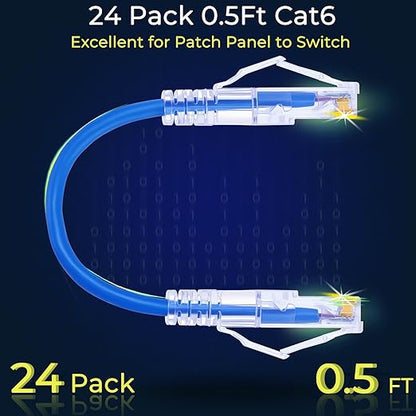 Rapink 24 Pack Cat6a Ethernet Patch Cables 0.5ft Blue, Supports 10G, Snagless, Slim, Ideal for Patch Panel to Switch, Data Center, Improves Airflow