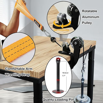 Arm Wrestling Pulley System with Adjustable 1.5m Steel Cable, Dual Aluminum Pulleys, 220lb Capacity, Table Clamp and Loading Pin for 1” & 2” Weight Plates, Wrist Strength Training Equipment