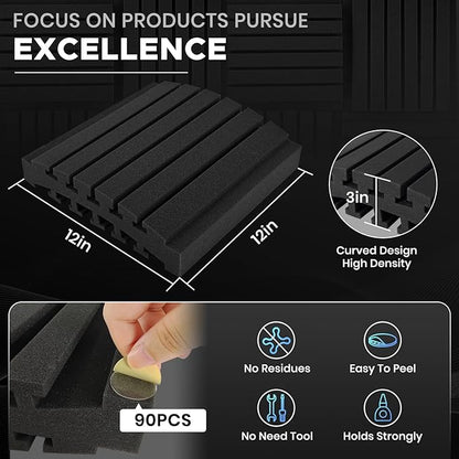 Focusound Sound Proof Foam Panels for Walls 12 Pack – 12x12x3 Inch Acoustic Noise Reducing Wall Panels, Absorbing Soundproofing Foam Dampening Panel Set with 90 PCS Strong Double-Sided Adhesives