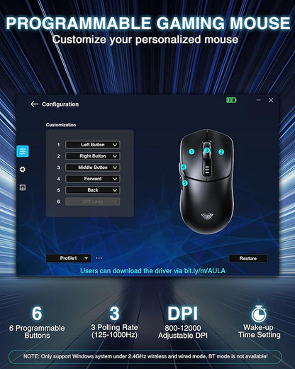 AULA SC580 Wireless Gaming Mouse, Tri-Mode 2.4G/BT5.0/USB-C Gaming Mouse, 12000 DPI Rechargeable Wireless Mouse with 6 Programmable Buttons, Ergonomic Computer Mouse for Laptop/PC/Mac/Tablet