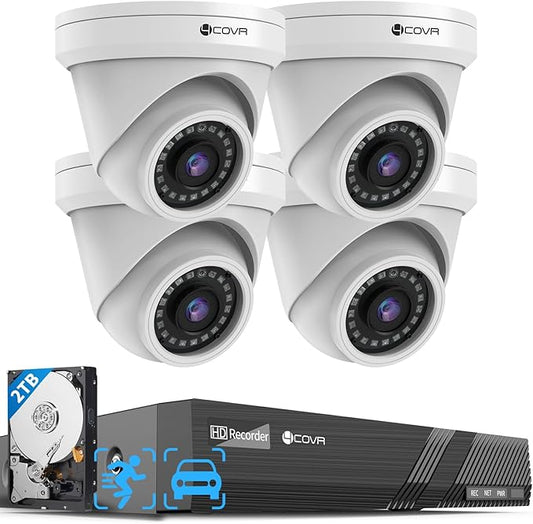 4COVR PoE Security Camera System, 8 Channel 4k H.265 NVR with 2TB HDD, 4X 5MP PoE Dome IP Cameras, AI Person/Vehicle Detection, Night Vision, IP67 Weatherproof for Outdoor/Home, LY97AX5M0804-1