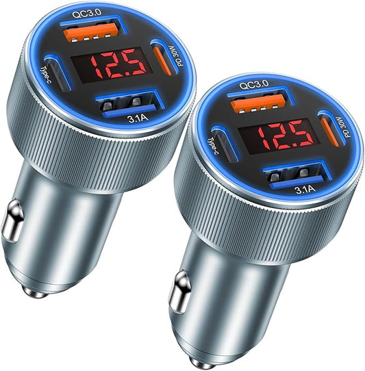 Car Charger USB C, Besgoods 65W 4-Port USB Cigarette Lighter Adapter with Voltmeter PD QC Fast Charging for iPhone 16 15 14 13 12 11 Galaxy S24 S23 A54 A15 Dash Cam Car Accessories, 2Pack