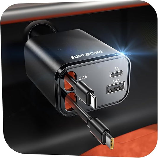 [2025 Upgraded] Retractable Car Charger, SUPERONE 69W Car Phone Charger with Cables Fast Charging, USB C Car Charger Adapter for iPhone 16 15 14 13 12, Samsung, Black