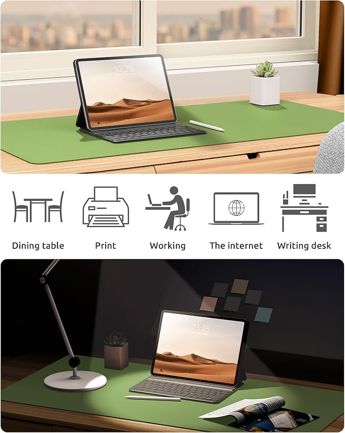 YSAGi Leather Desk Protector, Office Mat, Large Mouse Mat, Non-Slip PU Leather Blotter, Laptop Desk Pad, Waterproof Writing Pad for Office and Home (Leaf Green, 35.4" x 17")