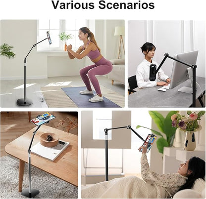 OATSBASF Tablet Floor Stand, Overhead Bed Phone Mount, Height & 360 Degree Angle Adjustable Universal Metal Tablet Holder Compatible with iPad, Samsung Galaxy Tab, iPhone, Kindle, 4.7-12.9" (Black)