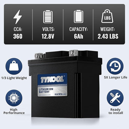 TYKOOL YB10L-A2 Lithium LiFePO4 Motorcycle Battery, 12.8V 6Ah, 360CCA, Built in BMS, Powersports Battery, for ATV, UTV, Jet Ski, Personal Watercraft, Snowmobile, Quad, Riding Lawn Mower, Tractor