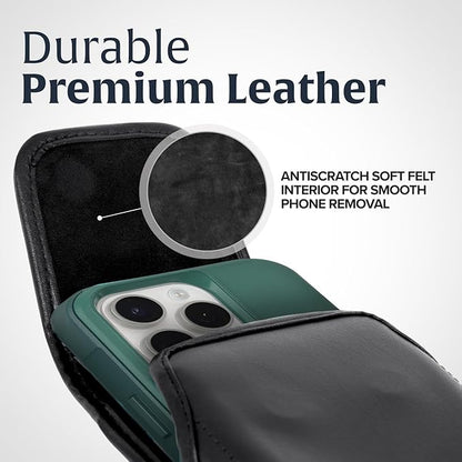 Turtleback Belt Clip for iPhone 16 Pro Max, 15 Pro Max, 14 Pro Max -Medium- Fits w/Shockproof Commuter Style Cases, Premium Black Leather Vertical Belt Holder, Magnetic Closure HD Rotating Clip