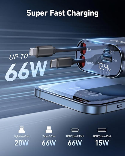 UYOUNG Retractable Car Charger 100W, 4 in 1 Fast Car Phone Charger, 2 Retractable Cables 31.5 Inch and 2 USB Ports, Compatible with iPhone 15/14/13/12/11 Pro Max/XR/XS,Samsung,Pixel,iPad/iPod