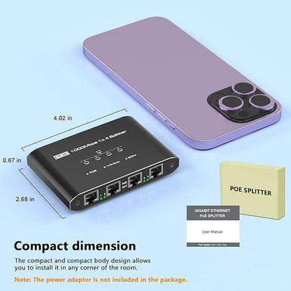 PoE Switch 1 in 4 Out, 4 Port Gigabit PoE Splitter, IEEE 802.3at/af Compliant, 30W per Port Power Over Network Hub for IP Cameras/AP/VoIP Phones (328 Ft), PoE+ Splitter for Cat5e/6/7/8 Cable